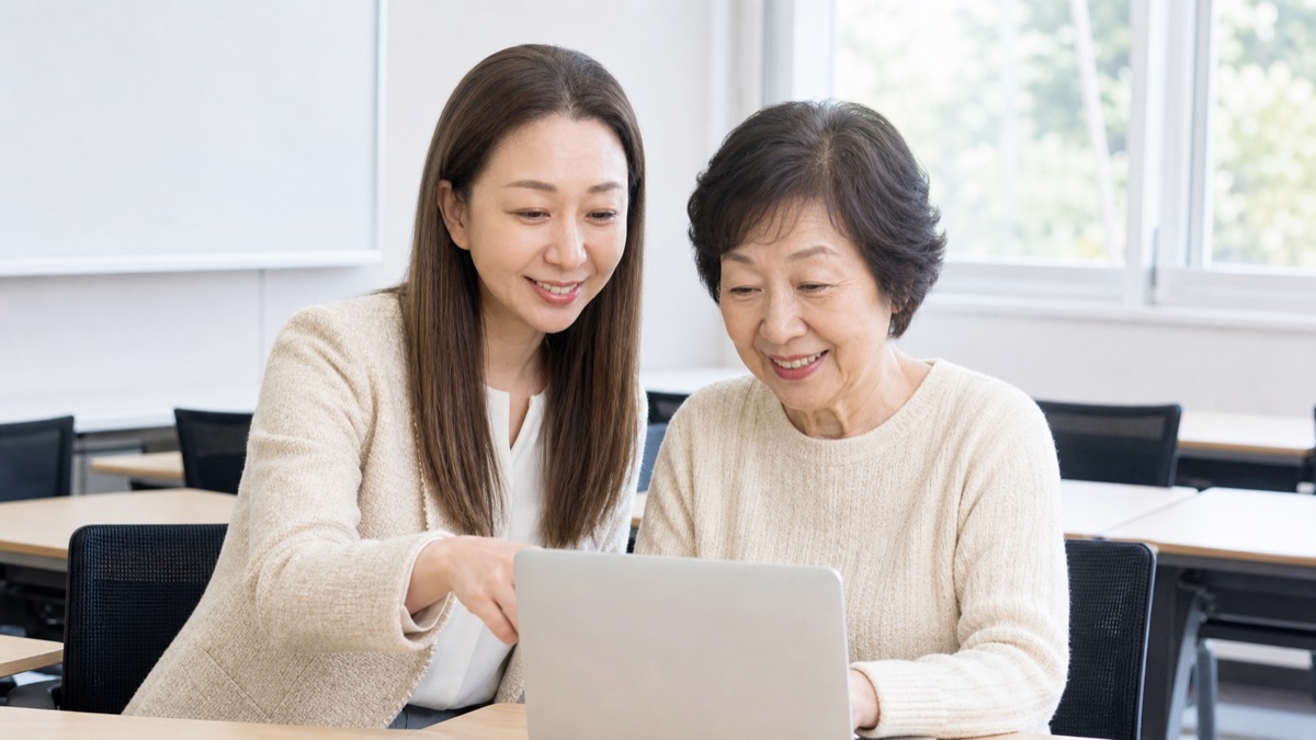教室で生徒さんの画面を一緒に見ながら説明する講師の橋本美幸