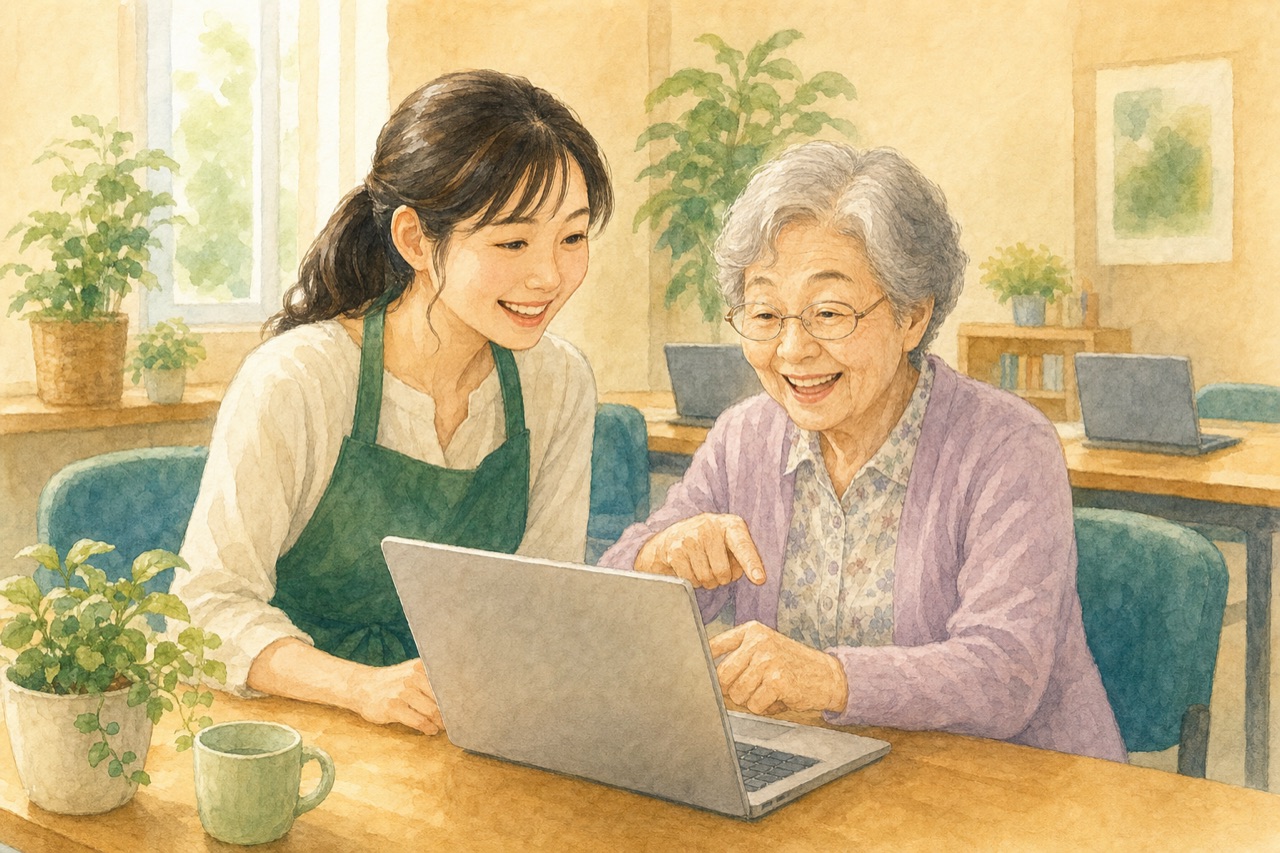 スタッフが横に座って、一緒に画面を確認しながら進める様子